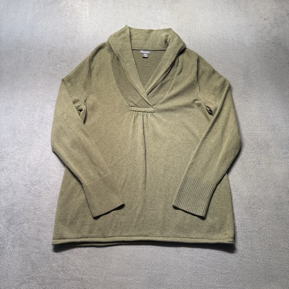 Eddie Bauer Womens XL Shawl Collar Sweater Olive Green Knit Pullover EUC